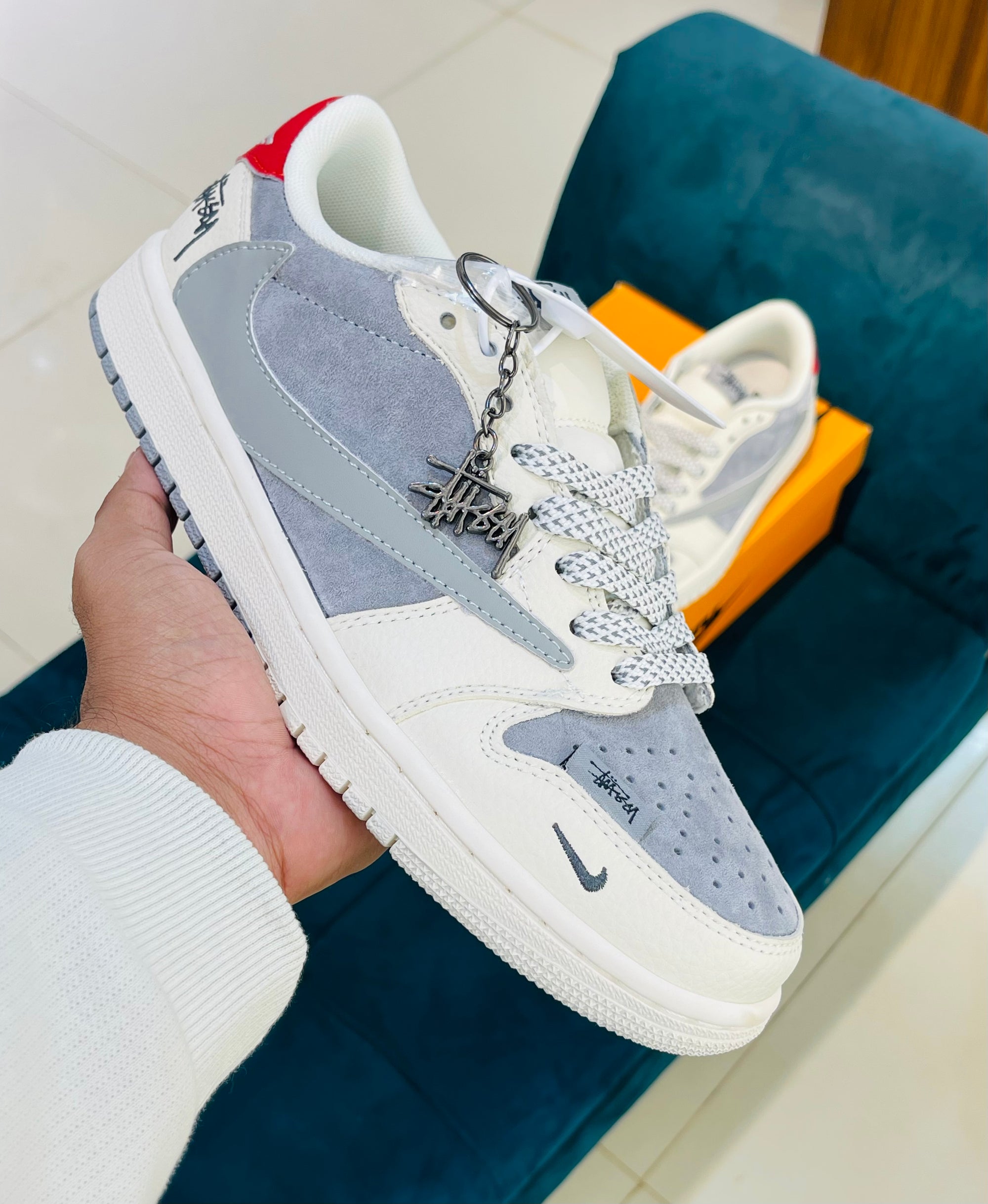 AJ-1 Low Stussy Grey White Red